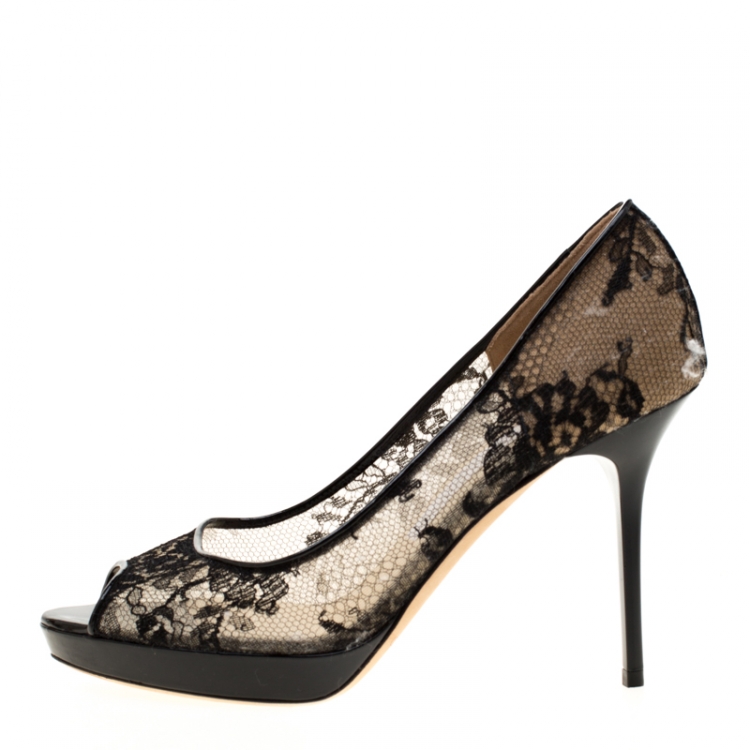 Pre Owned Jimmy Choo Black Lace Luna Peep Toe Platform Pumps Size 37