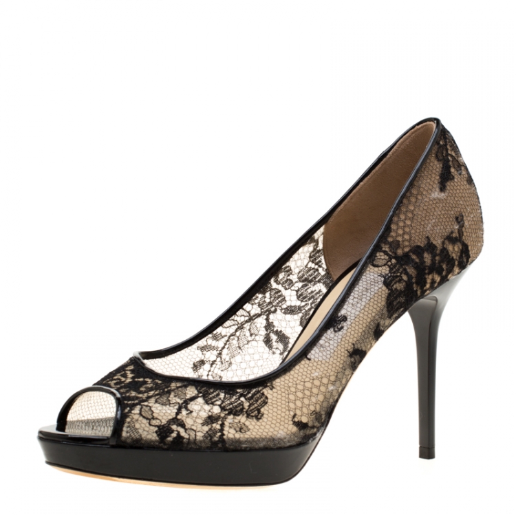 Pre Owned Jimmy Choo Black Lace Luna Peep Toe Platform Pumps Size 37