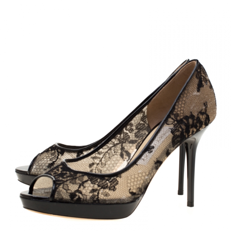 Pre Owned Jimmy Choo Black Lace Luna Peep Toe Platform Pumps Size 37