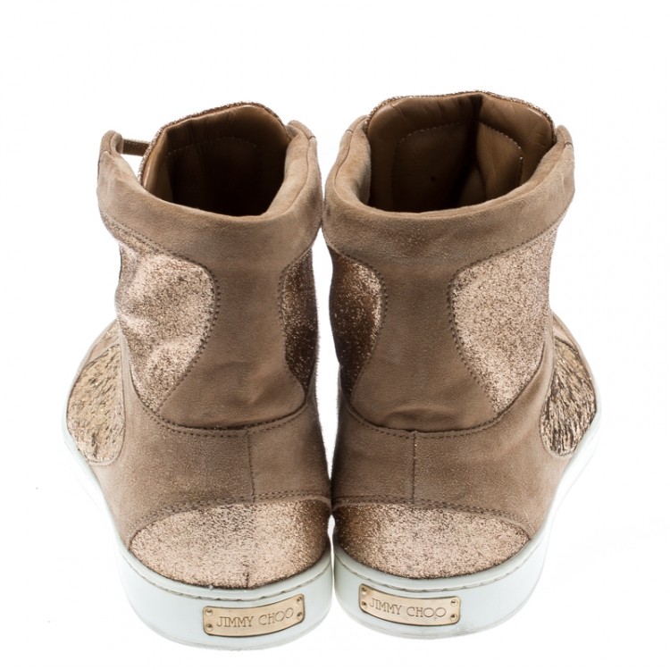 Pre Owned Jimmy Choo Metallic Beige Suede And Glitter Tokyo High Top Sneakers Size 38.5