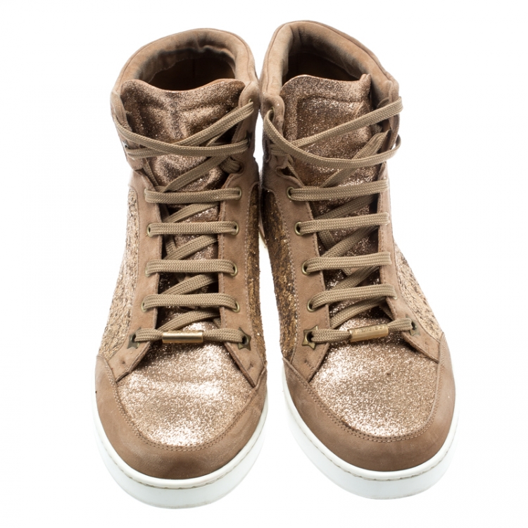 Pre Owned Jimmy Choo Metallic Beige Suede And Glitter Tokyo High Top Sneakers Size 38.5
