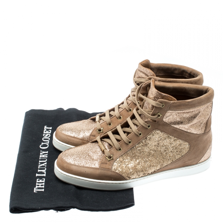 Pre Owned Jimmy Choo Metallic Beige Suede And Glitter Tokyo High Top Sneakers Size 38.5