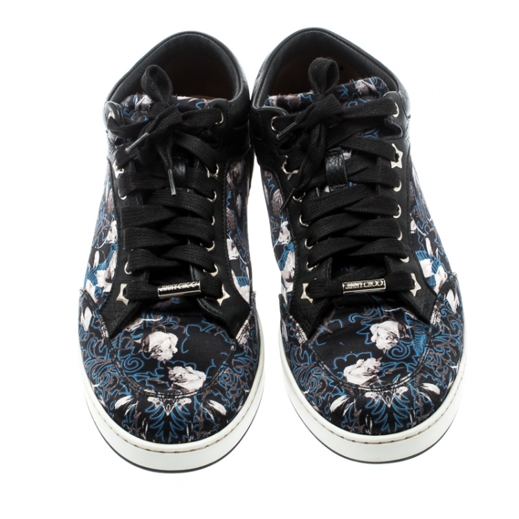 Pre Owned Jimmy Choo Floral Printed Satin And Leather Miami Low Top Sneakers Size 39