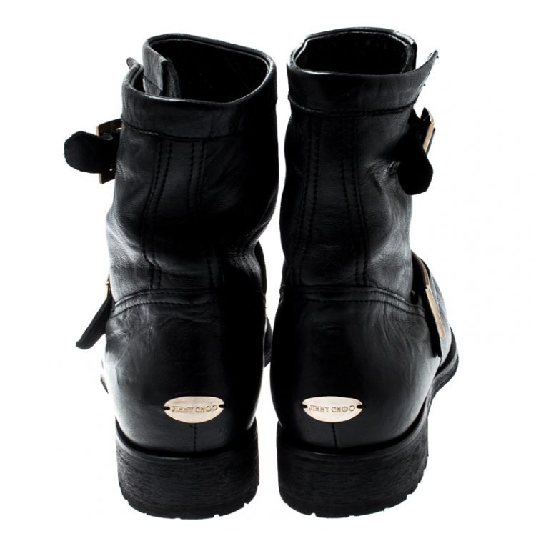 Pre Owned Jimmy Choo Black Leather Youth Biker Ankle Boots Size 40