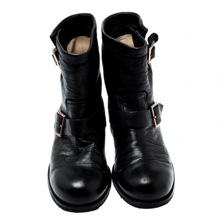 Pre Owned Jimmy Choo Black Leather Youth Biker Ankle Boots Size 40