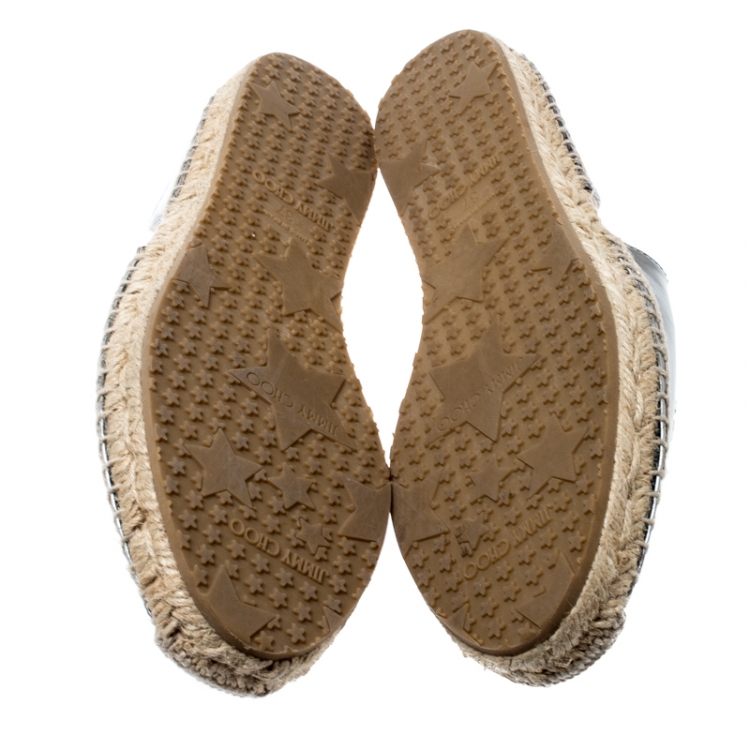 Pre Owned Jimmy Choo Metallic Grey Leather Crystal Embellished D'orsay Espadrille Flats Size 37