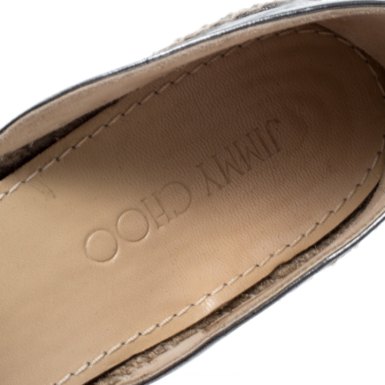 Pre Owned Jimmy Choo Metallic Grey Leather Crystal Embellished D'orsay Espadrille Flats Size 37
