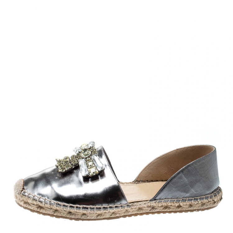 Pre Owned Jimmy Choo Metallic Grey Leather Crystal Embellished D'orsay Espadrille Flats Size 37