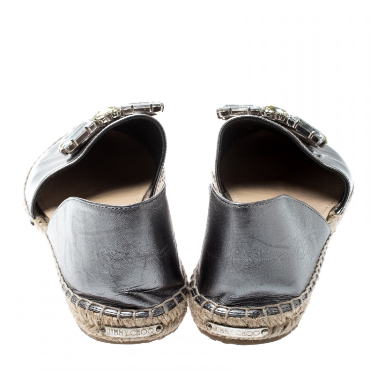 Pre Owned Jimmy Choo Metallic Grey Leather Crystal Embellished D'orsay Espadrille Flats Size 37