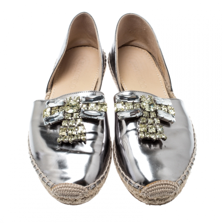 Pre Owned Jimmy Choo Metallic Grey Leather Crystal Embellished D'orsay Espadrille Flats Size 37