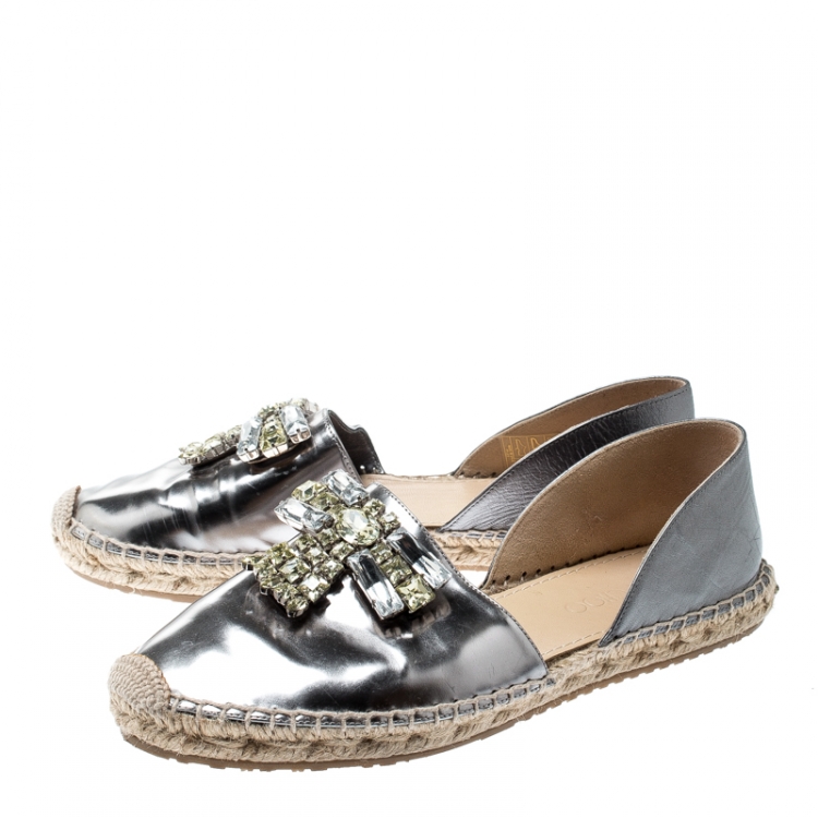 Pre Owned Jimmy Choo Metallic Grey Leather Crystal Embellished D'orsay Espadrille Flats Size 37