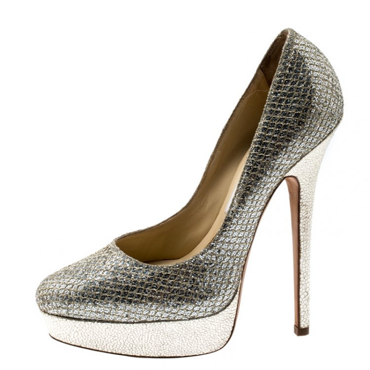 Pre Owned Jimmy Choo Metallic Champagne Lamè Fabric Alex Platform Pumps Size 38