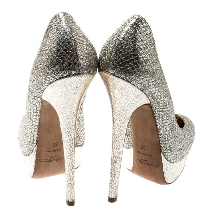 Pre Owned Jimmy Choo Metallic Champagne Lamè Fabric Alex Platform Pumps Size 38