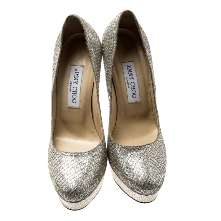Pre Owned Jimmy Choo Metallic Champagne Lamè Fabric Alex Platform Pumps Size 38