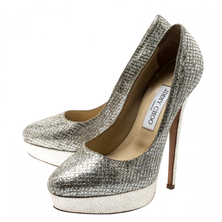 Pre Owned Jimmy Choo Metallic Champagne Lamè Fabric Alex Platform Pumps Size 38