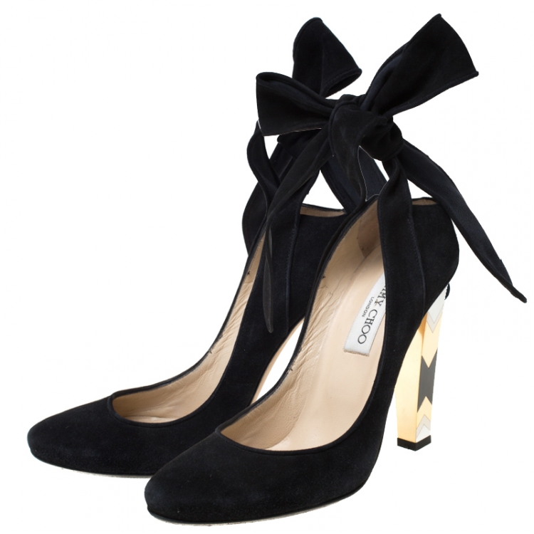 Pre Owned Jimmy Choo Black Suede Ankle Wrap Pointed Toe Pumps Size 38.5