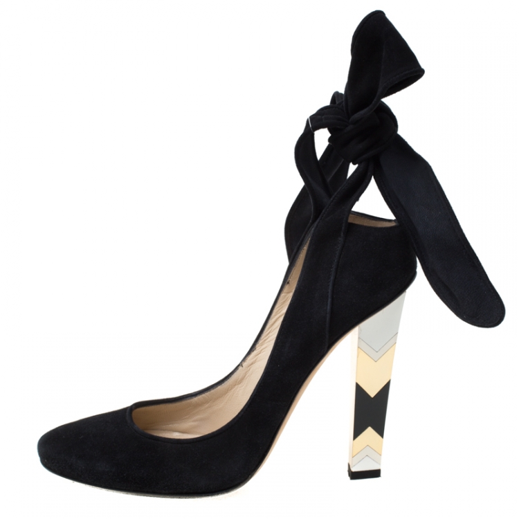 Pre Owned Jimmy Choo Black Suede Ankle Wrap Pointed Toe Pumps Size 38.5