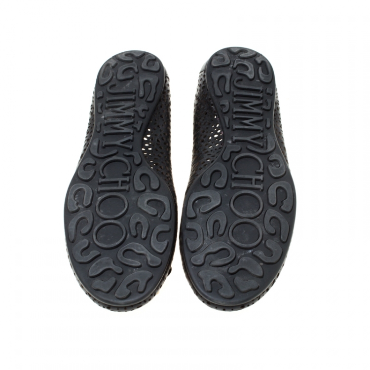 Pre Owned Jimmy Choo Black Perforated Leather Walsh Bow Detail Ballet Flats Size 41