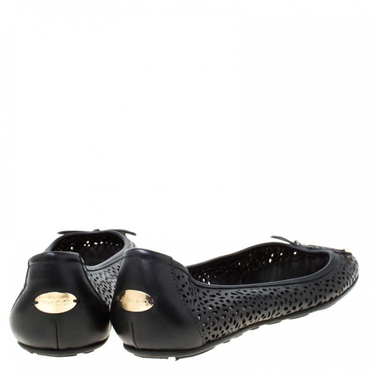 Pre Owned Jimmy Choo Black Perforated Leather Walsh Bow Detail Ballet Flats Size 41