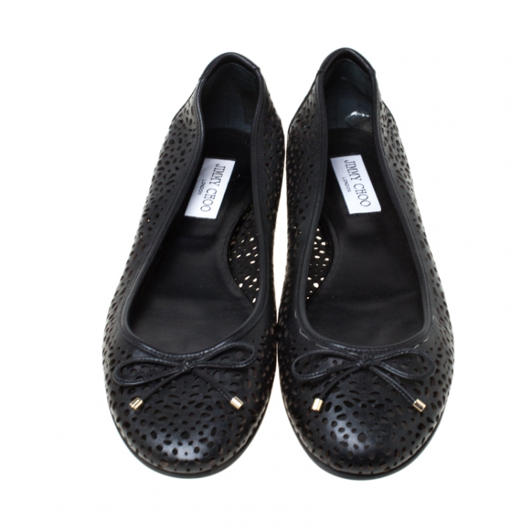 Pre Owned Jimmy Choo Black Perforated Leather Walsh Bow Detail Ballet Flats Size 41