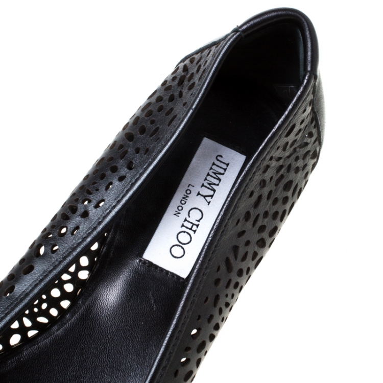 Pre Owned Jimmy Choo Black Perforated Leather Walsh Bow Detail Ballet Flats Size 41