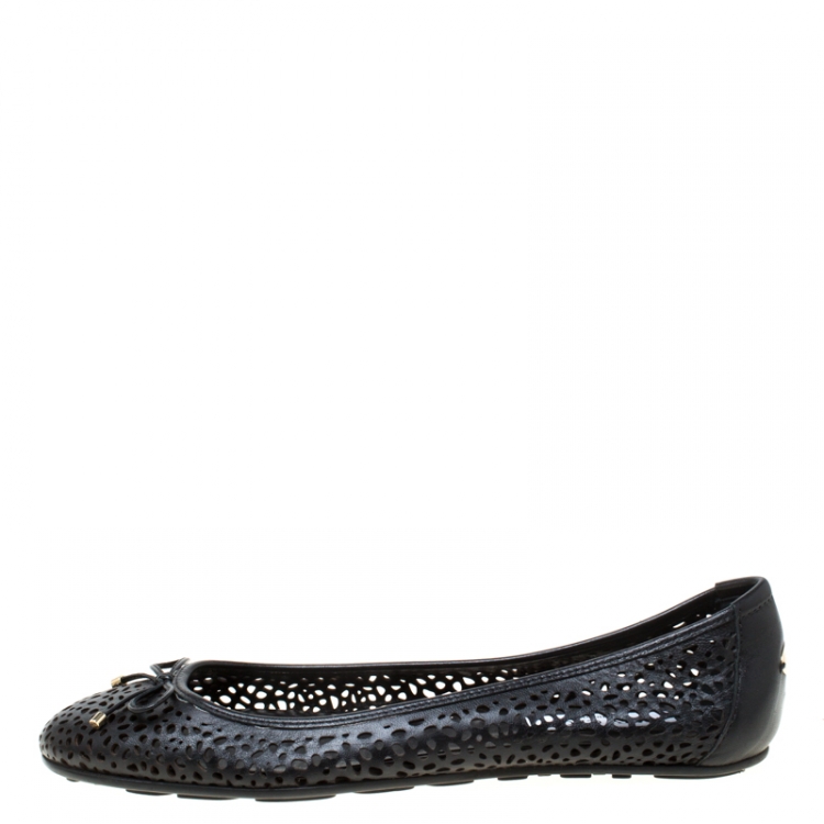 Pre Owned Jimmy Choo Black Perforated Leather Walsh Bow Detail Ballet Flats Size 41