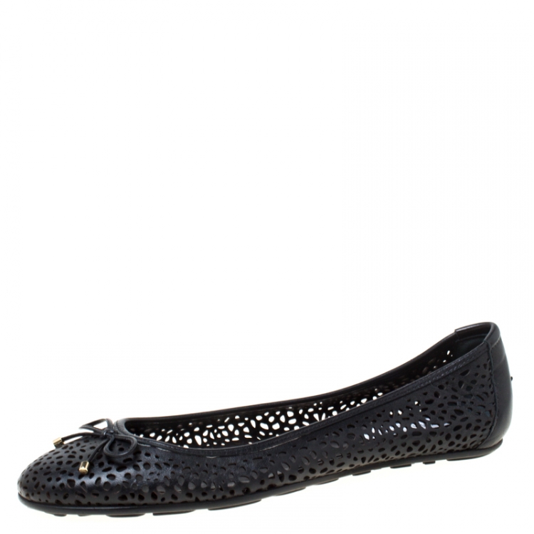 Pre Owned Jimmy Choo Black Perforated Leather Walsh Bow Detail Ballet Flats Size 41