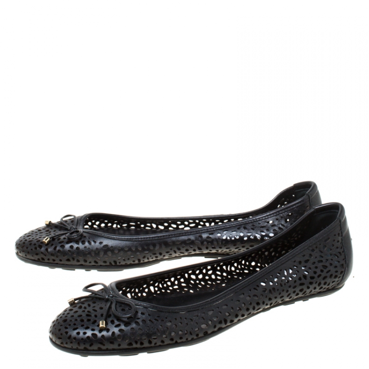 Pre Owned Jimmy Choo Black Perforated Leather Walsh Bow Detail Ballet Flats Size 41