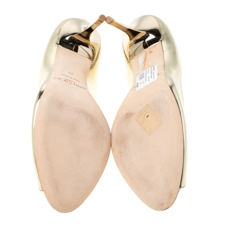 Pre Owned Jimmy Choo Metallic Gold Leather Evelyn Peep Toe Pumps Size 39