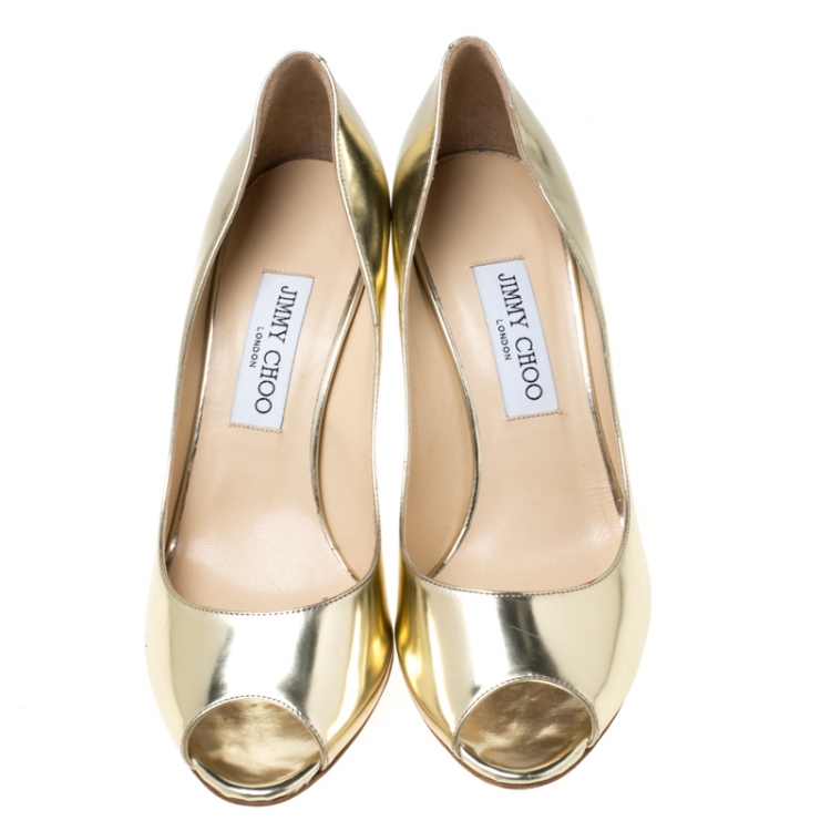 Pre Owned Jimmy Choo Metallic Gold Leather Evelyn Peep Toe Pumps Size 39