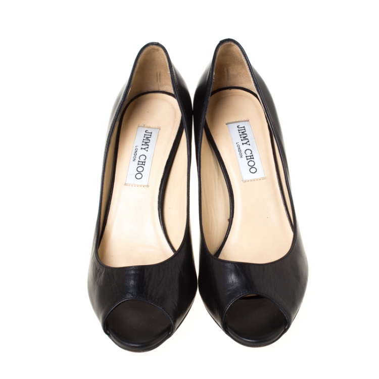 Pre Owned Jimmy Choo Black Leather Isabel Peep Toe Pumps Size 37.5