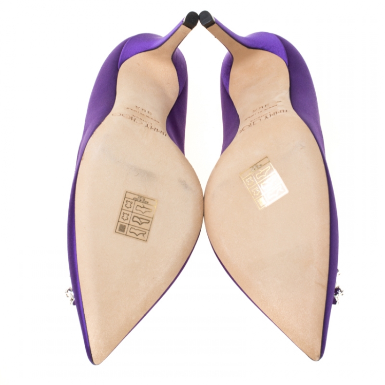 Pre Owned Jimmy Choo Exclusive Collection Purple Satin Manda Crystal Embellished Pointed Toe Pumps Size 36.5