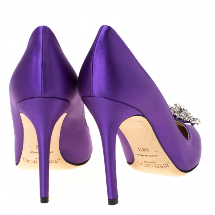 Pre Owned Jimmy Choo Exclusive Collection Purple Satin Manda Crystal Embellished Pointed Toe Pumps Size 36.5