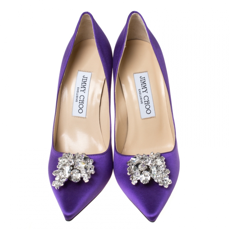 Pre Owned Jimmy Choo Exclusive Collection Purple Satin Manda Crystal Embellished Pointed Toe Pumps Size 36.5