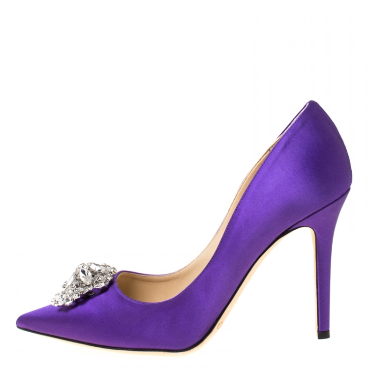 Pre Owned Jimmy Choo Exclusive Collection Purple Satin Manda Crystal Embellished Pointed Toe Pumps Size 36.5