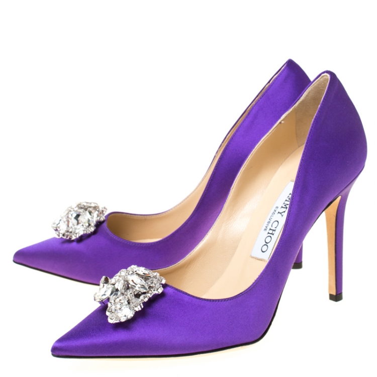 Pre Owned Jimmy Choo Exclusive Collection Purple Satin Manda Crystal Embellished Pointed Toe Pumps Size 36.5