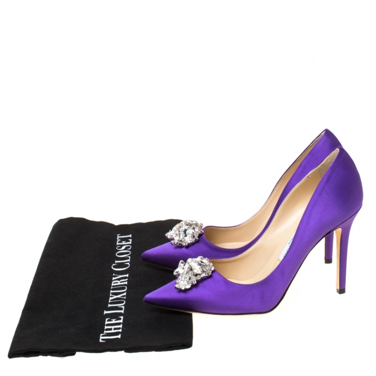 Pre Owned Jimmy Choo Exclusive Collection Purple Satin Manda Crystal Embellished Pointed Toe Pumps Size 36.5