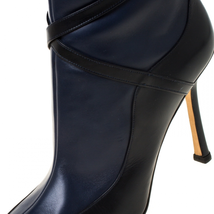 مملوكة مسبقًا Jimmy Choo Navy Bue/Black Leather Zipped Knee Length Boots Size 37