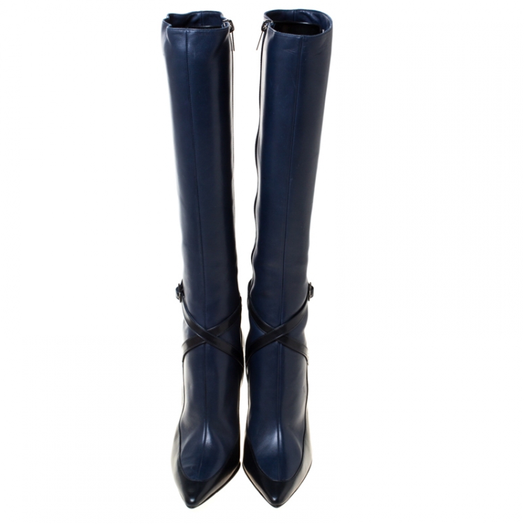 مملوكة مسبقًا Jimmy Choo Navy Bue/Black Leather Zipped Knee Length Boots Size 37
