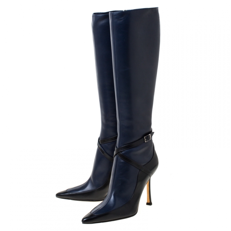 مملوكة مسبقًا Jimmy Choo Navy Bue/Black Leather Zipped Knee Length Boots Size 37