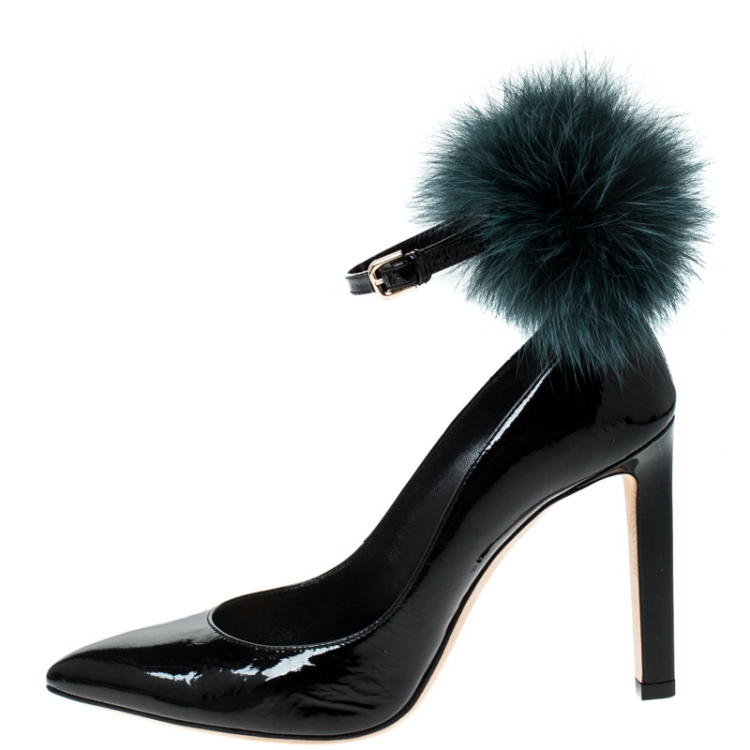 Pre Owned Jimmy Choo Black Patent Leather South Pom Pom Pointed Toe Pumps Size 37.5