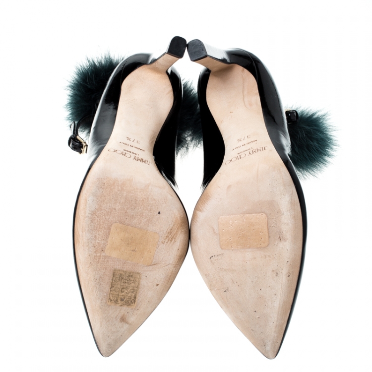 Pre Owned Jimmy Choo Black Patent Leather South Pom Pom Pointed Toe Pumps Size 37.5