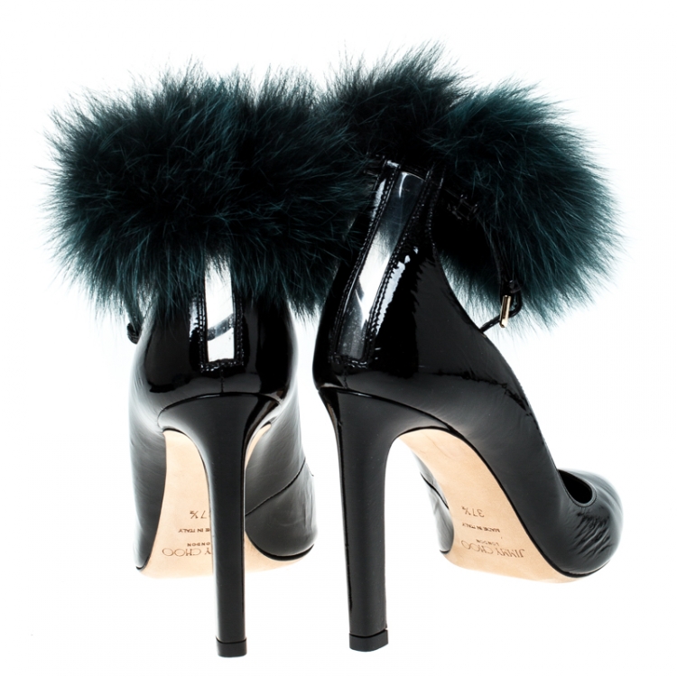 Pre Owned Jimmy Choo Black Patent Leather South Pom Pom Pointed Toe Pumps Size 37.5