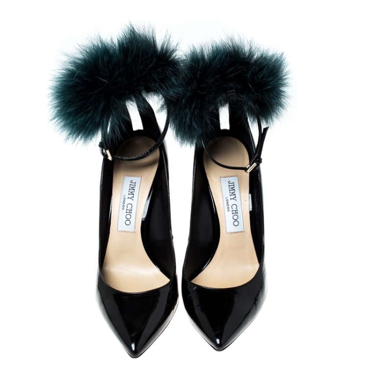Pre Owned Jimmy Choo Black Patent Leather South Pom Pom Pointed Toe Pumps Size 37.5