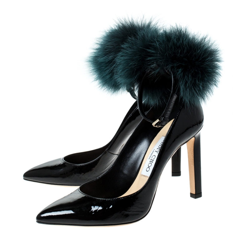 Pre Owned Jimmy Choo Black Patent Leather South Pom Pom Pointed Toe Pumps Size 37.5