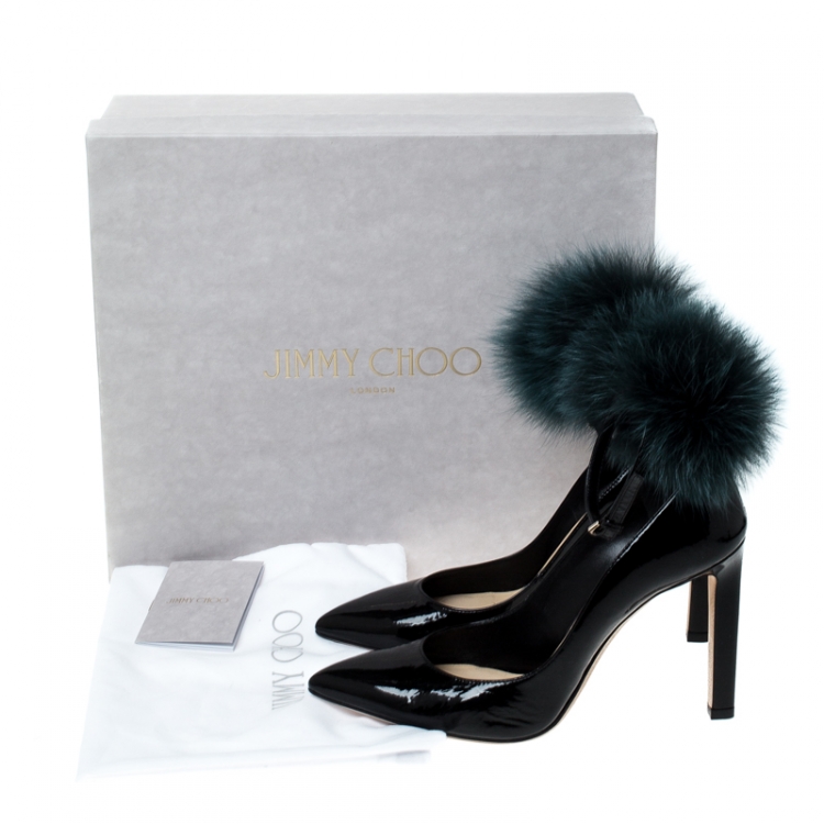 Pre Owned Jimmy Choo Black Patent Leather South Pom Pom Pointed Toe Pumps Size 37.5