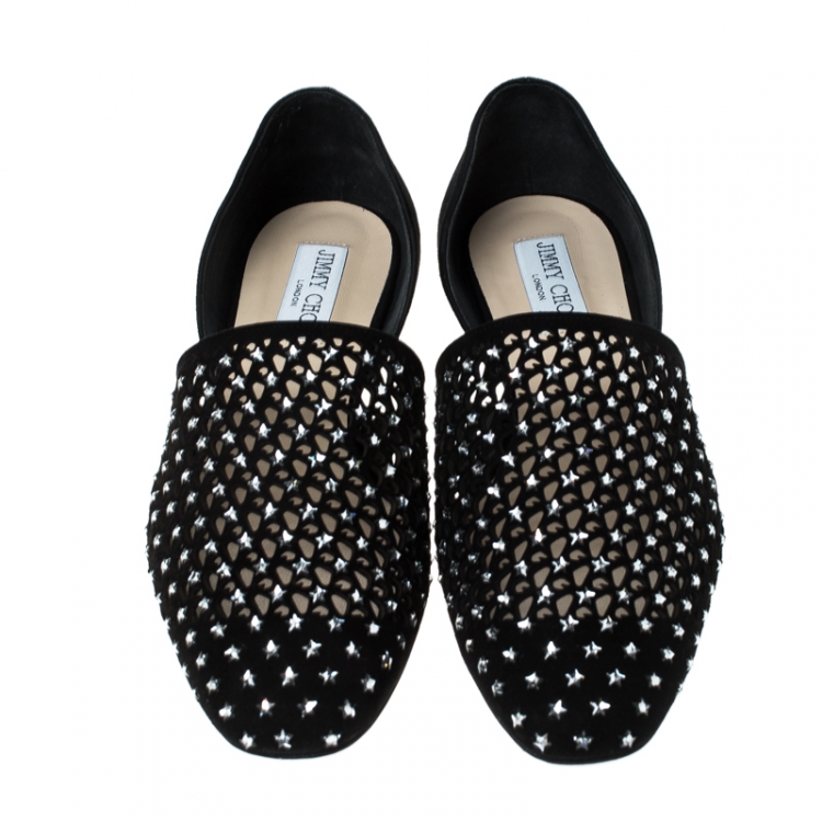 Pre Owned Jimmy Choo Black Laser Cut Suede Star Embellished Globe Flats Size 38.5