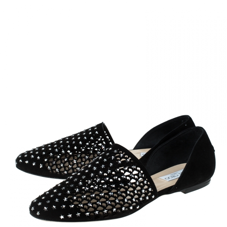 Pre Owned Jimmy Choo Black Laser Cut Suede Star Embellished Globe Flats Size 38.5