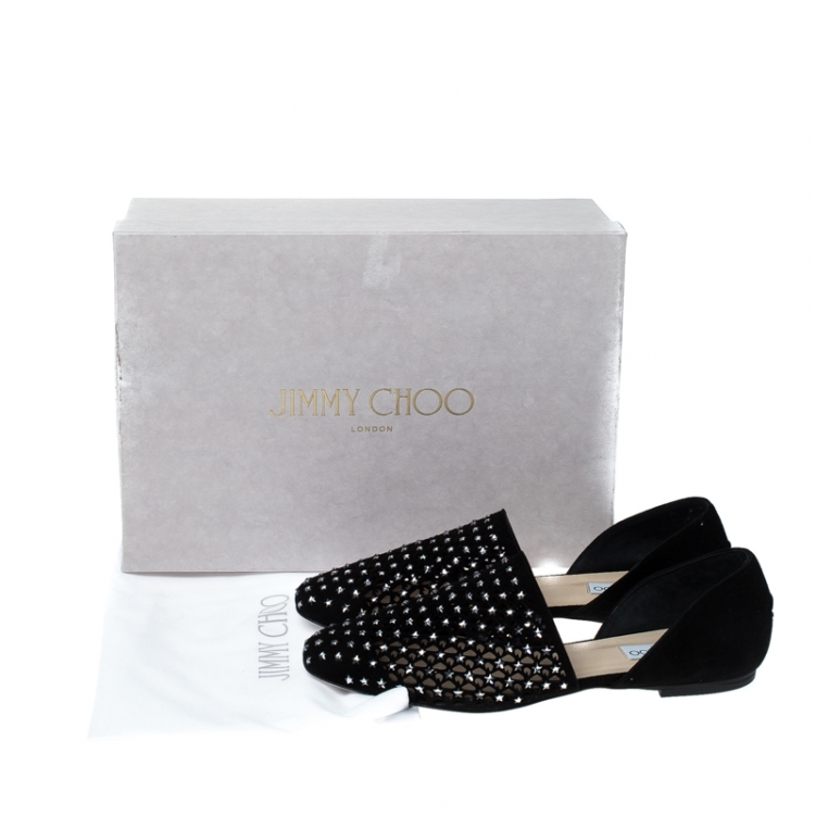 Pre Owned Jimmy Choo Black Laser Cut Suede Star Embellished Globe Flats Size 38.5
