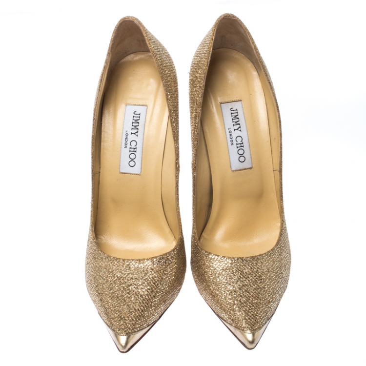 Pre Owned Jimmy Choo Metallic Gold Glitter Fabric Abel Pointed Toe Pumps Size 40